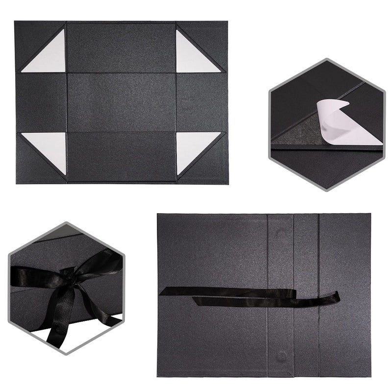 14" x 9" x 4.3" Collapsable Gift Box w/ Satin Ribbon & Magnetic Square Flap Lid | Black