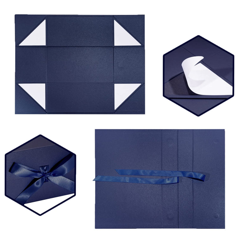 14" x 9" x 4.3" Collapsable Gift Box w/ Satin Ribbon & Magnetic Square Flap Lid (2-pack) | Navy