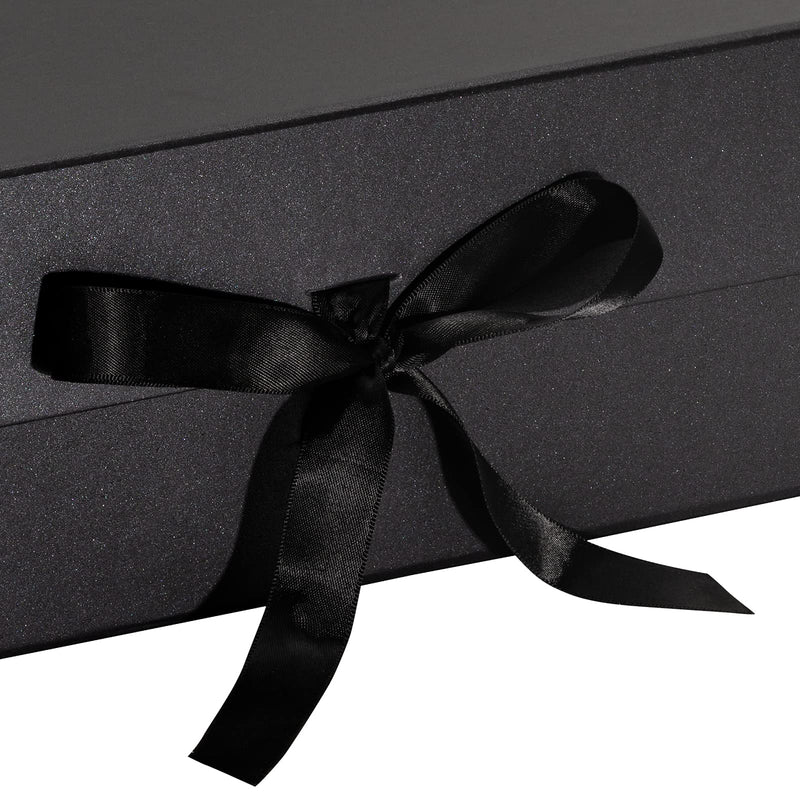 14" x 9" x 4.3" Collapsable Gift Box w/ Satin Ribbon & Magnetic Square Flap Lid | Black