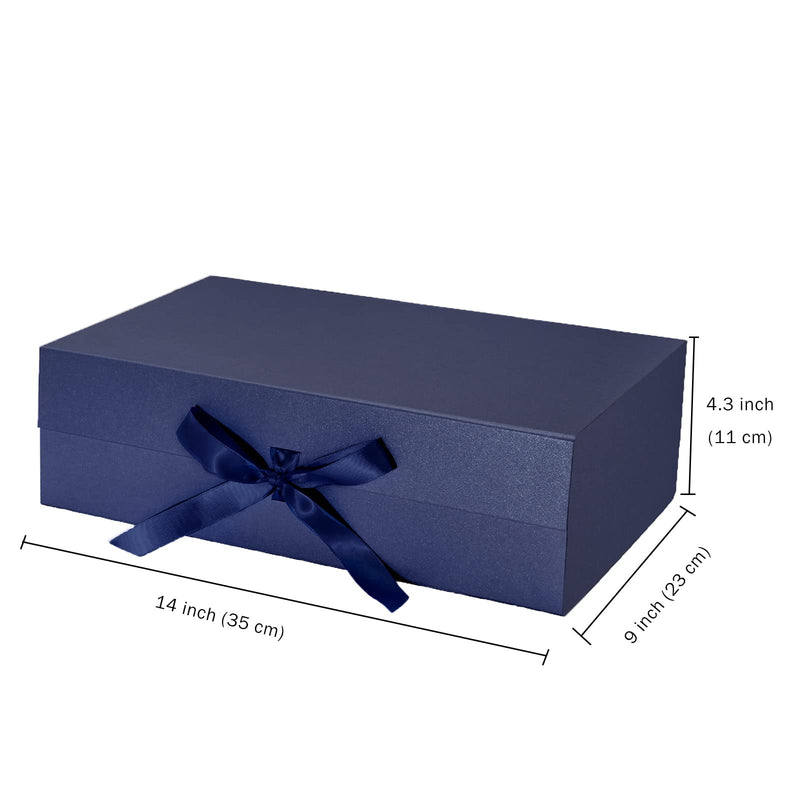 14" x 9" x 4.3" Collapsable Gift Box w/ Satin Ribbon & Magnetic Square Flap Lid (2-pack) | Navy