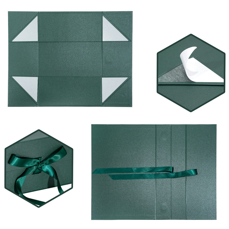 14" x 9" x 4.3" Collapsable Gift Box w/ Satin Ribbon & Magnetic Square Flap Lid (2-pack) | Green