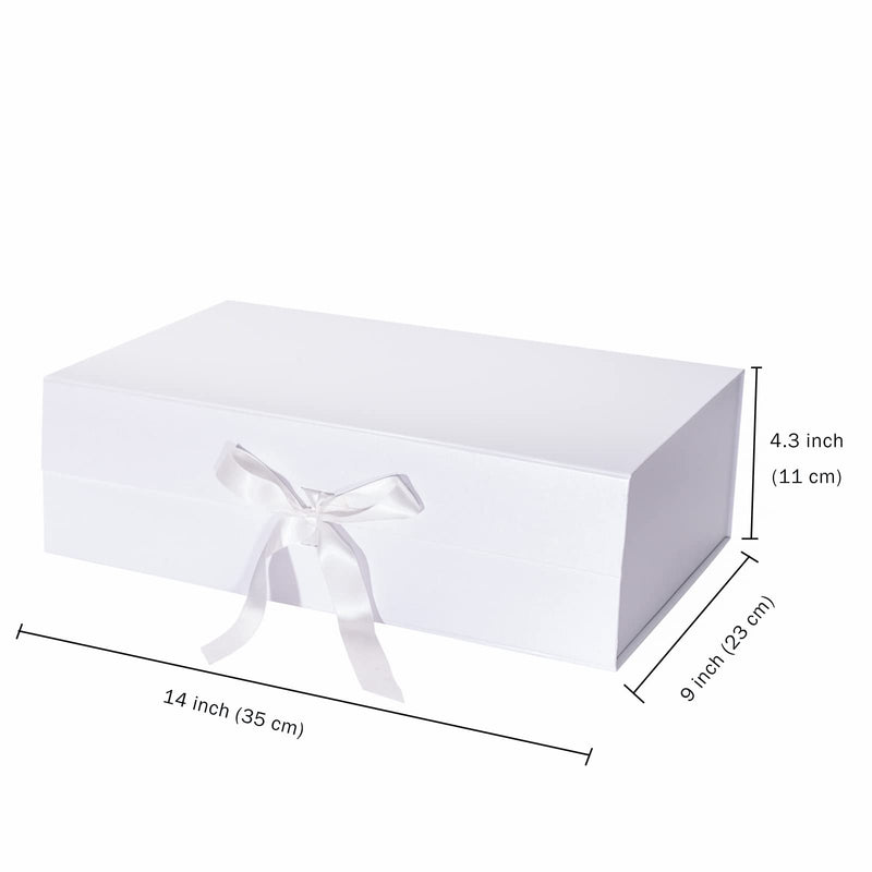 14" x 9" x 4.3" Collapsable Gift Box w/ Satin Ribbon & Magnetic Square Flap Lid | White