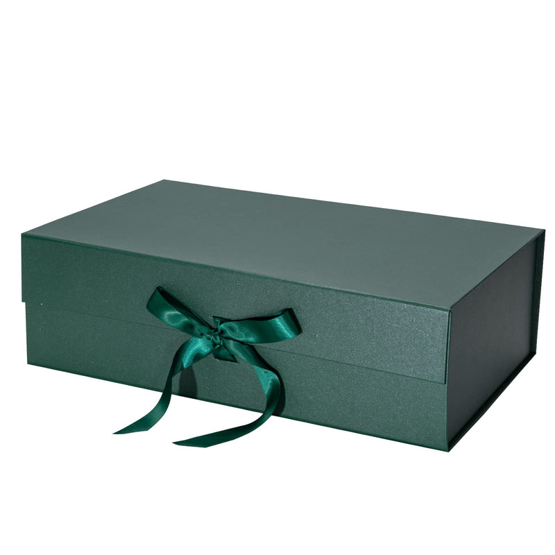 14" x 9" x 4.3" Collapsable Gift Box w/ Satin Ribbon & Magnetic Square Flap Lid (2-pack) | Green