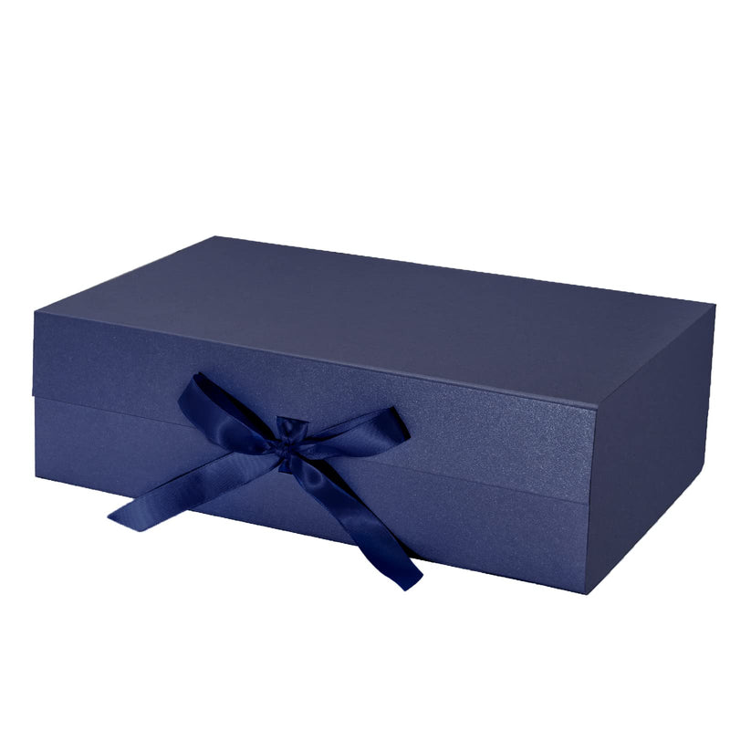 14" x 9" x 4.3" Collapsable Gift Box w/ Satin Ribbon & Magnetic Square Flap Lid (2-pack) | Navy