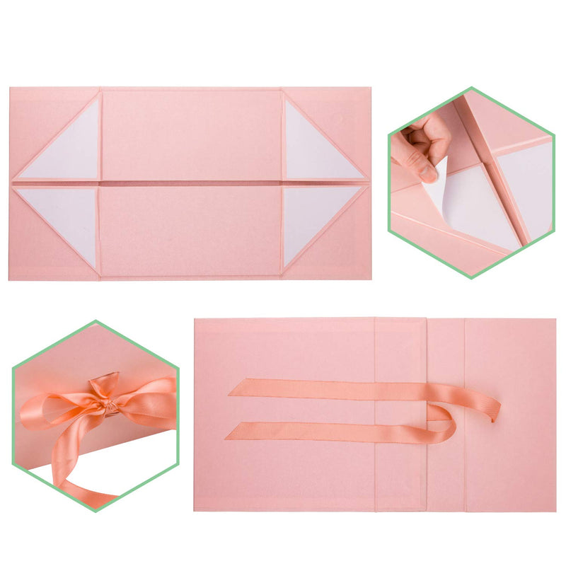 8" x 8" x 4" Collapsable Gift Box w/ Satin Ribbon & Magnetic Square Flap Lid | Pink