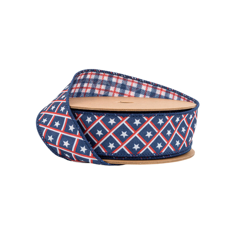 1 1/2" Wired Ribbon | Patriotic Diamond Stars/Plaid | 10 Yard Roll