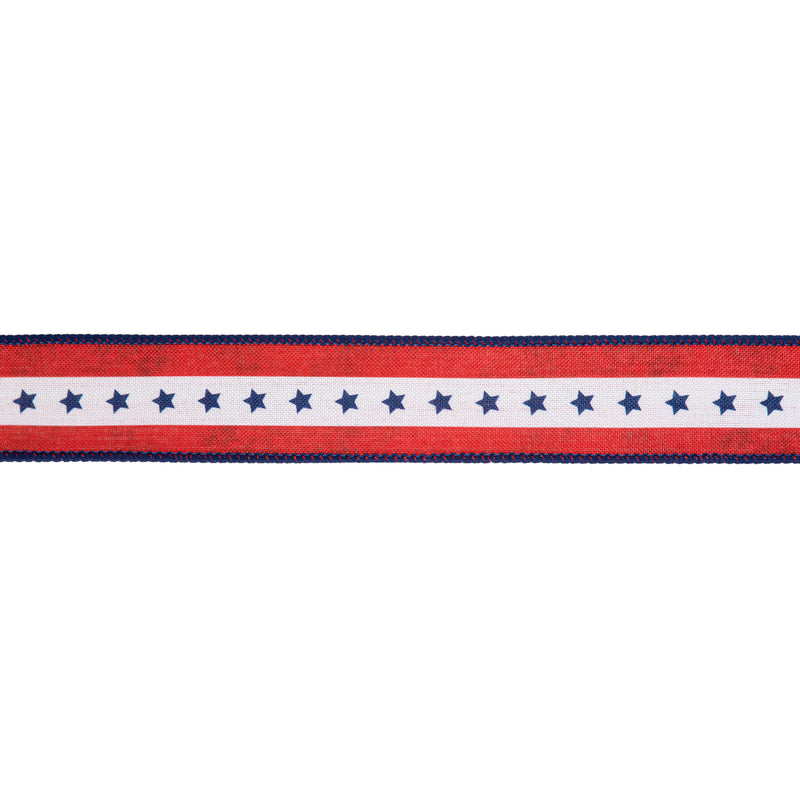 1 1/2" Wired Ribbon | Natural Patriotic Blue Star | 10 Yard Spool