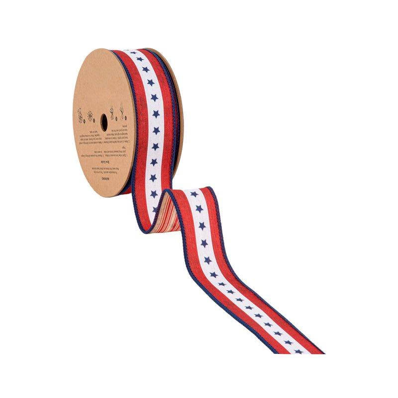 1 1/2" Wired Ribbon | Natural Patriotic Blue Star | 10 Yard Spool