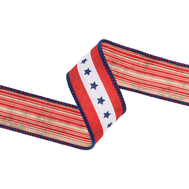 1 1/2" Wired Ribbon | Natural Patriotic Blue Star | 10 Yard Spool