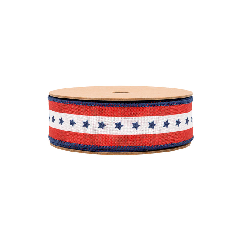 1 1/2" Wired Ribbon | Natural Patriotic Blue Star | 10 Yard Spool