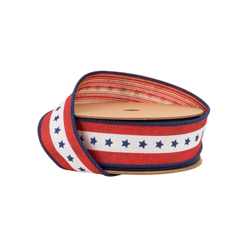 1 1/2" Wired Ribbon | Natural Patriotic Blue Star | 10 Yard Spool