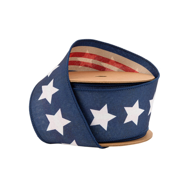 2 1/2" Wired Ribbon | Natural Patriotic Blue Star | 10 Yard Spool