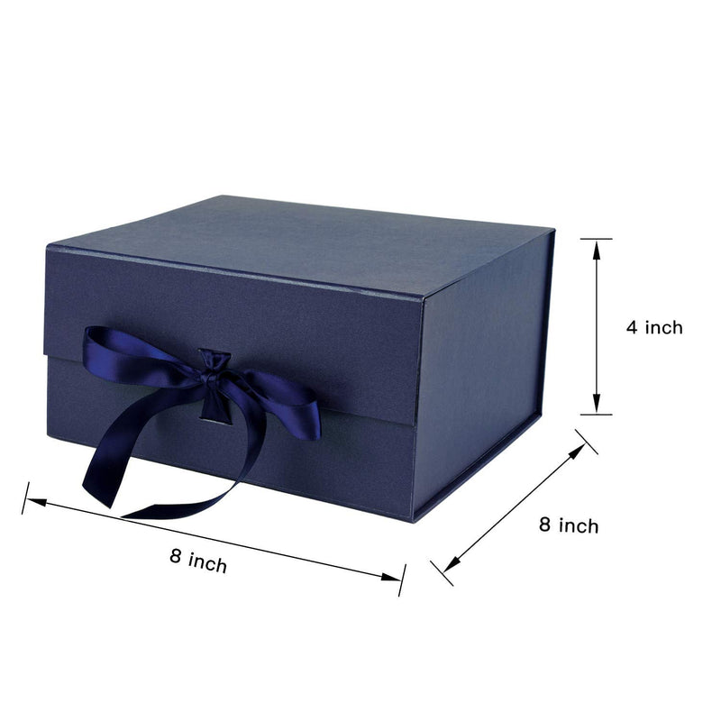 8" x 8" x 4" Collapsable Gift Box w/ Satin Ribbon & Magnetic Square Flap Lid | Navy