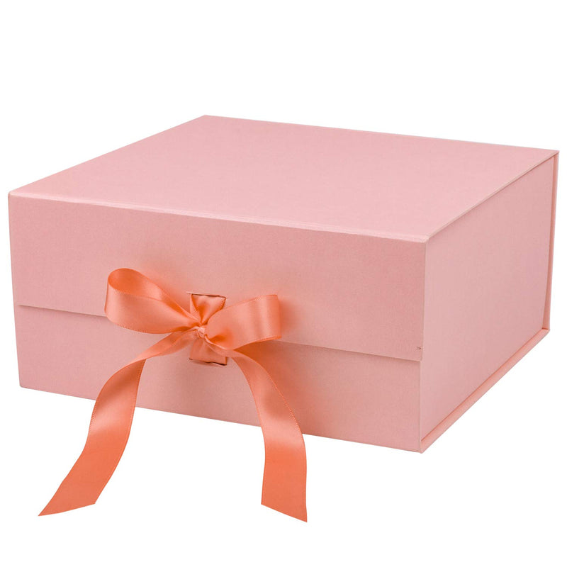 8" x 8" x 4" Collapsable Gift Box w/ Satin Ribbon & Magnetic Square Flap Lid | Pink