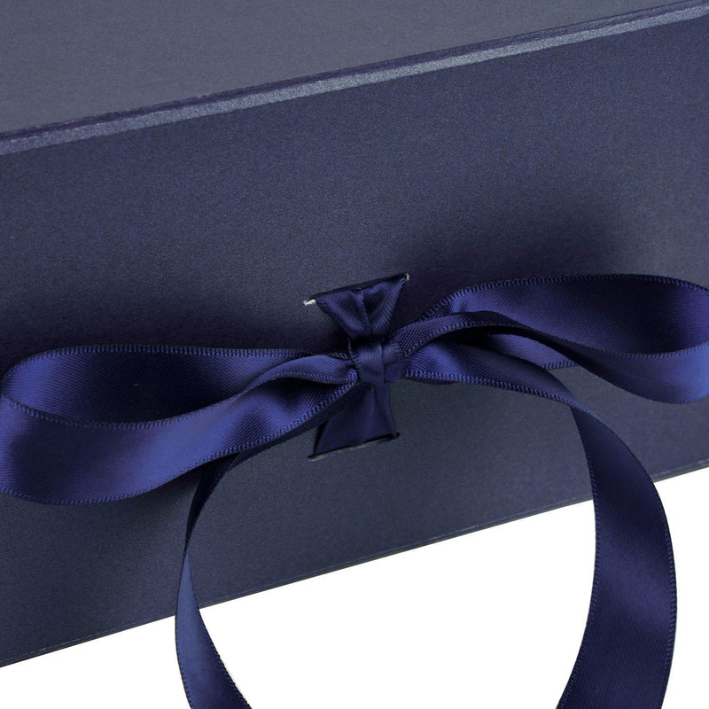 8" x 8" x 4" Collapsable Gift Box w/ Satin Ribbon & Magnetic Square Flap Lid | Navy