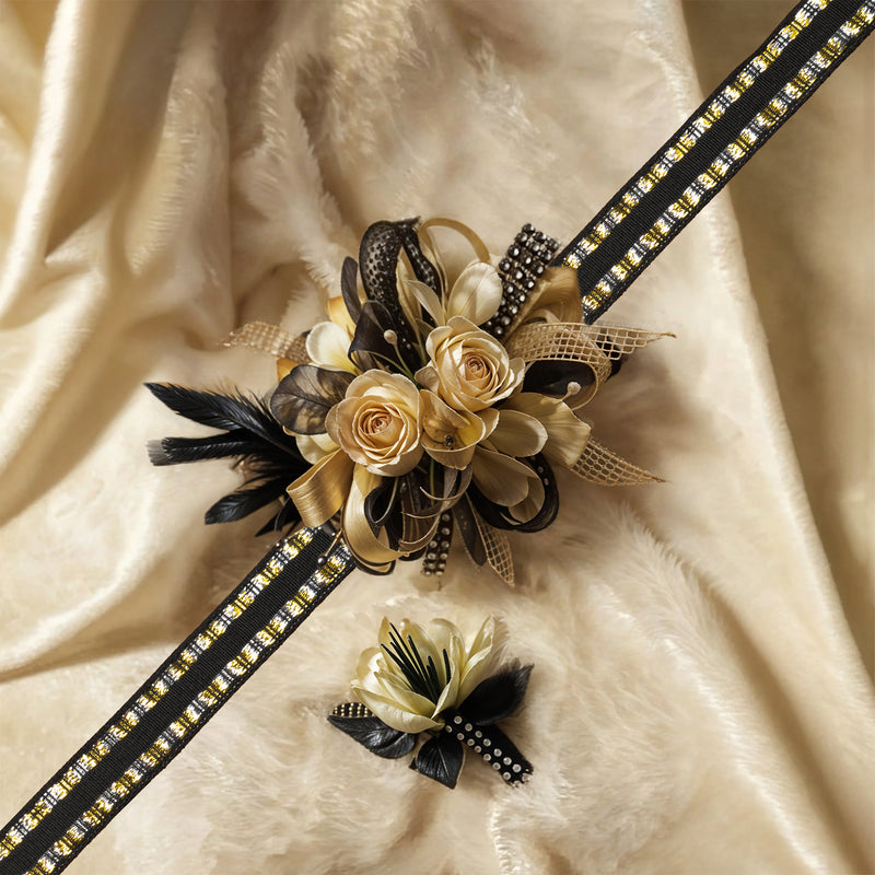 5/8" Wired Edge Corsage Ribbon | Black with Metallic Blocks | 25 Yard Roll