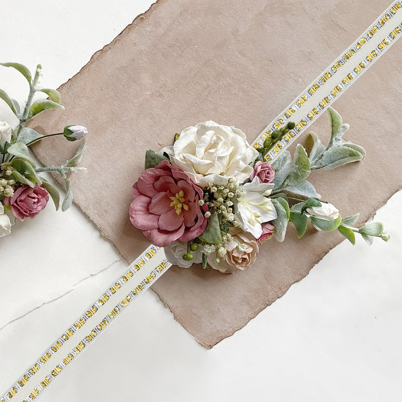 5/8" Wired Edge Corsage Ribbon | Ivory with Metallic Blocks | 25 Yard Roll